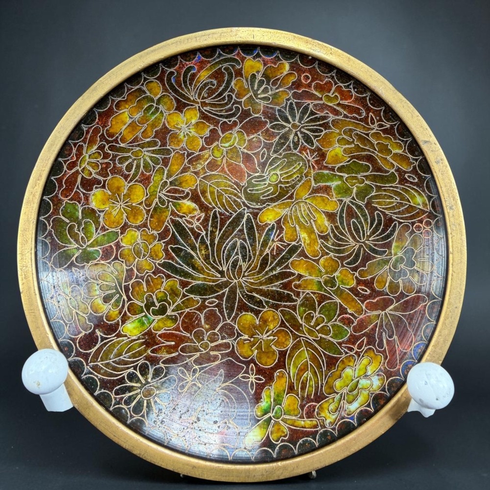 Antique Chinese Cloisonne Enamel Floral Dish 4 Inch Turquoise Bottom Metal Dish